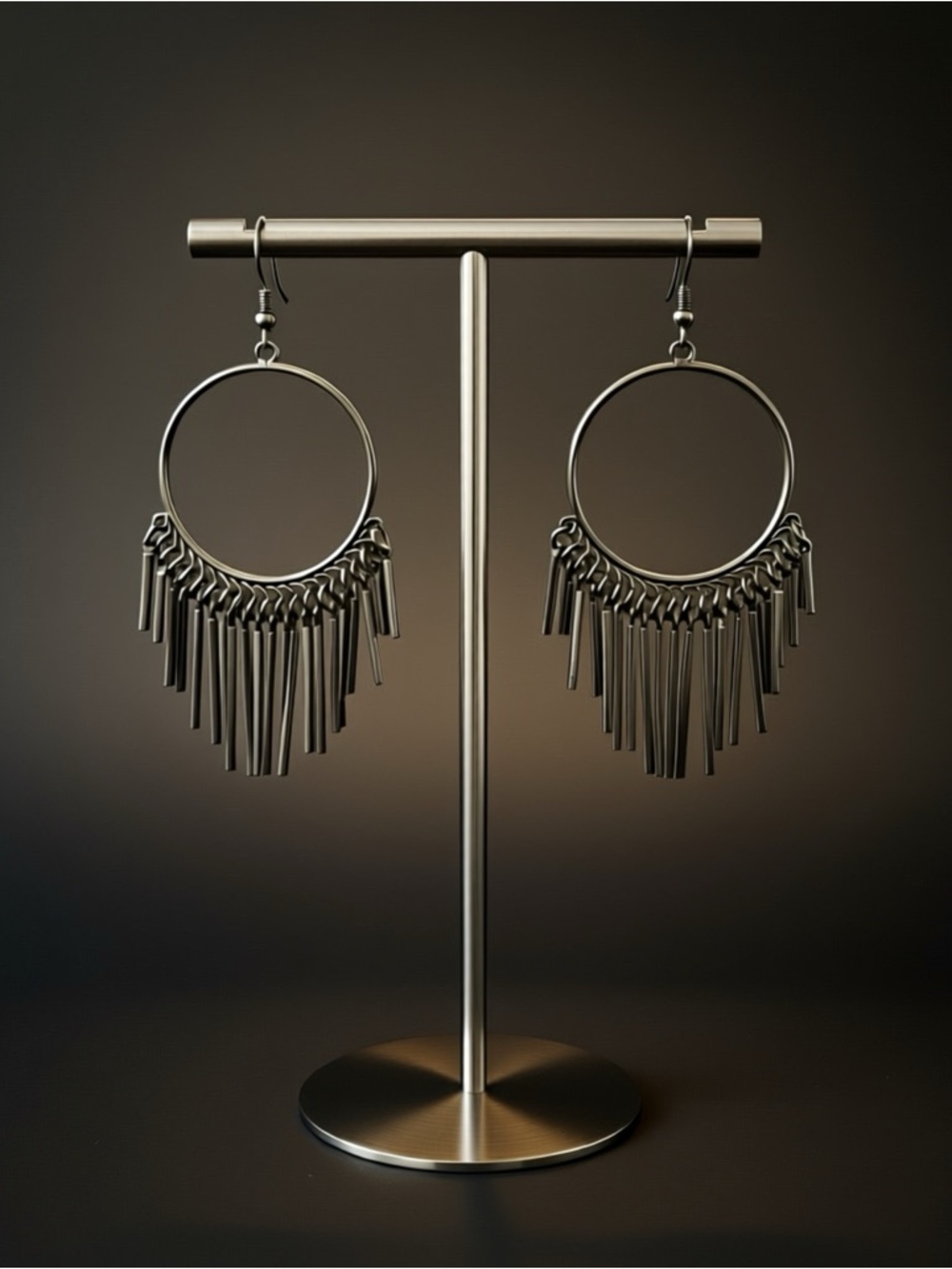 Fringed Hoop Drop Earrings in Gunmetal - Picture 2 of 4